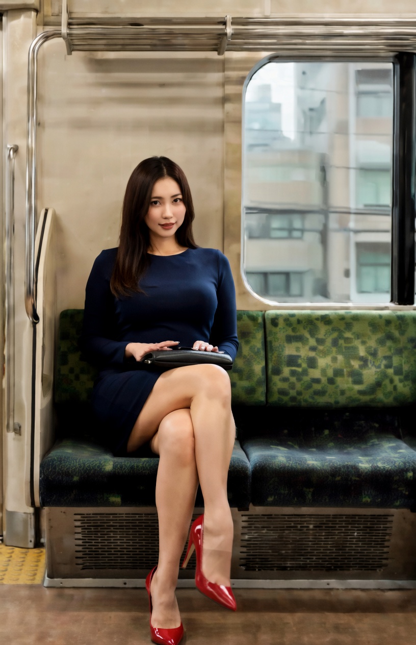 タイトワンピース・ハイヒール美女が電車内で脚組み