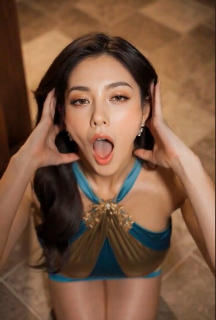 光沢タイトドレス美女が両手で髪をかき上げ、舌を長く出してエロティックな表情を浮かべるクローズアップ。フェラチオ直前。