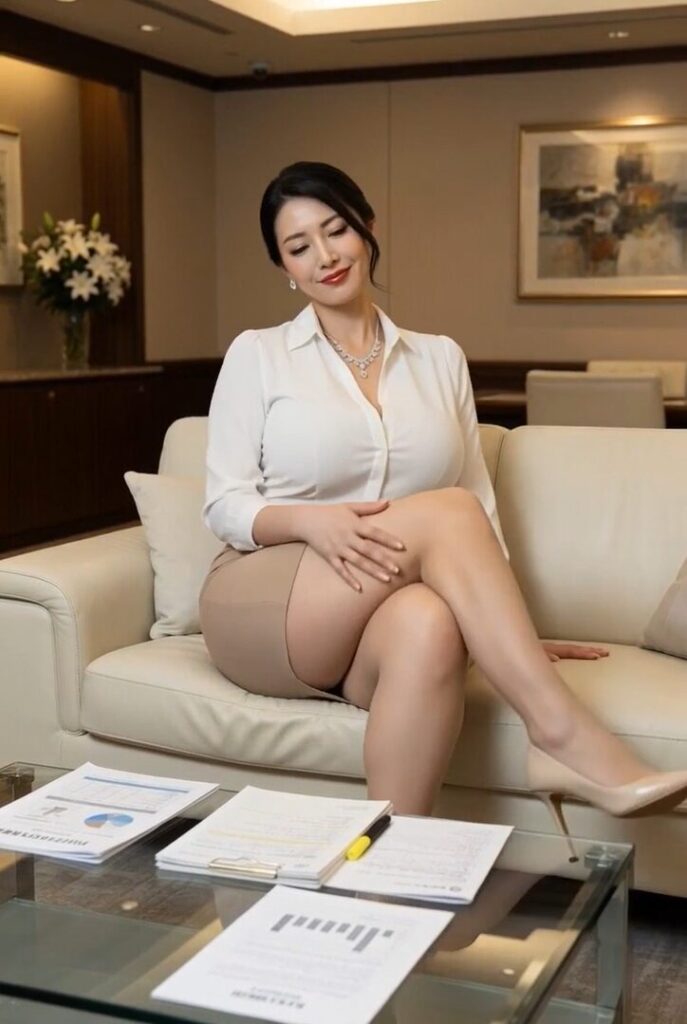 흰 블라우스의 글래머러스한 비즈니스 우먼이 소파에 앉아서 다리를 짜고 우아하게 미소 짓는 섹시하고 세련된 사무실 레이디 샷