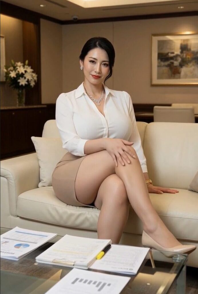 흰 블라우스와 베이지색의 타이트 스커트를 입은 매력적인 미녀가 소파에 앉아 다리를 짜고 부드럽게 미소 짓는 우아한 사무실 미녀의 모습