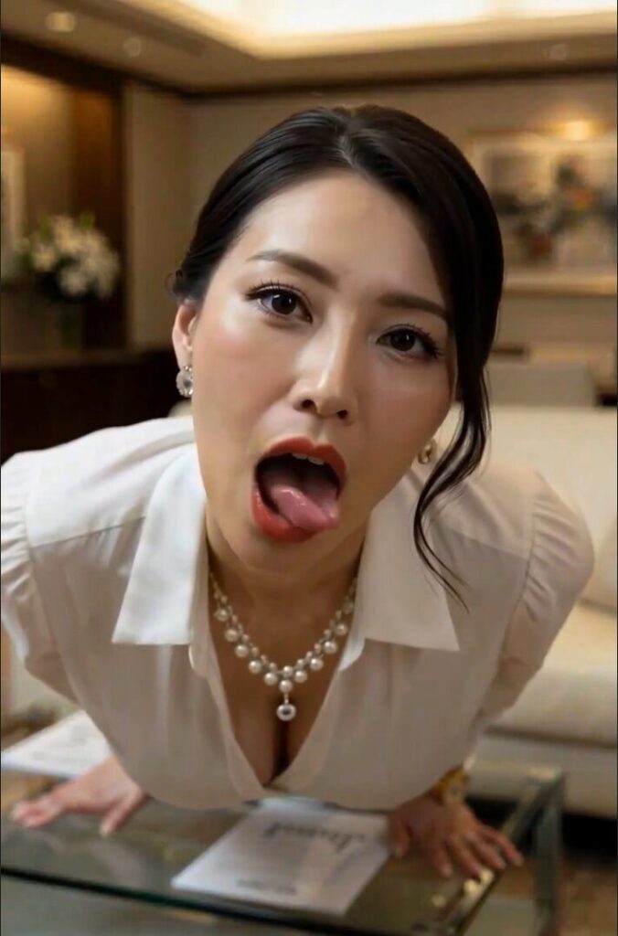 글래머러스한 미녀의 얼굴을 클로즈업, 하얀 블라우스 차림으로 혀를 길게 내고 흥분한 듯한 에로틱한 표정을 띄는 샷