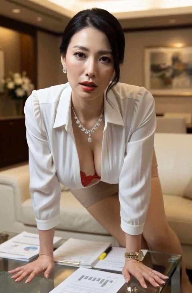 하얀 블라우스가 가슴을 강조하는 글래머러스 미녀가 앞 가려져 책상에 손을 잡고 진지하고 요염한 표정을 띄는 오피스 샷