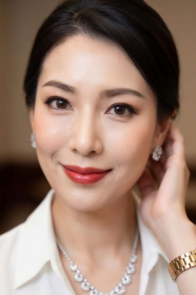 흰 블라우스에 진주 목걸이를 입고 품위있는 아름다운 비즈니스 우먼의 얼굴을 닫습니다