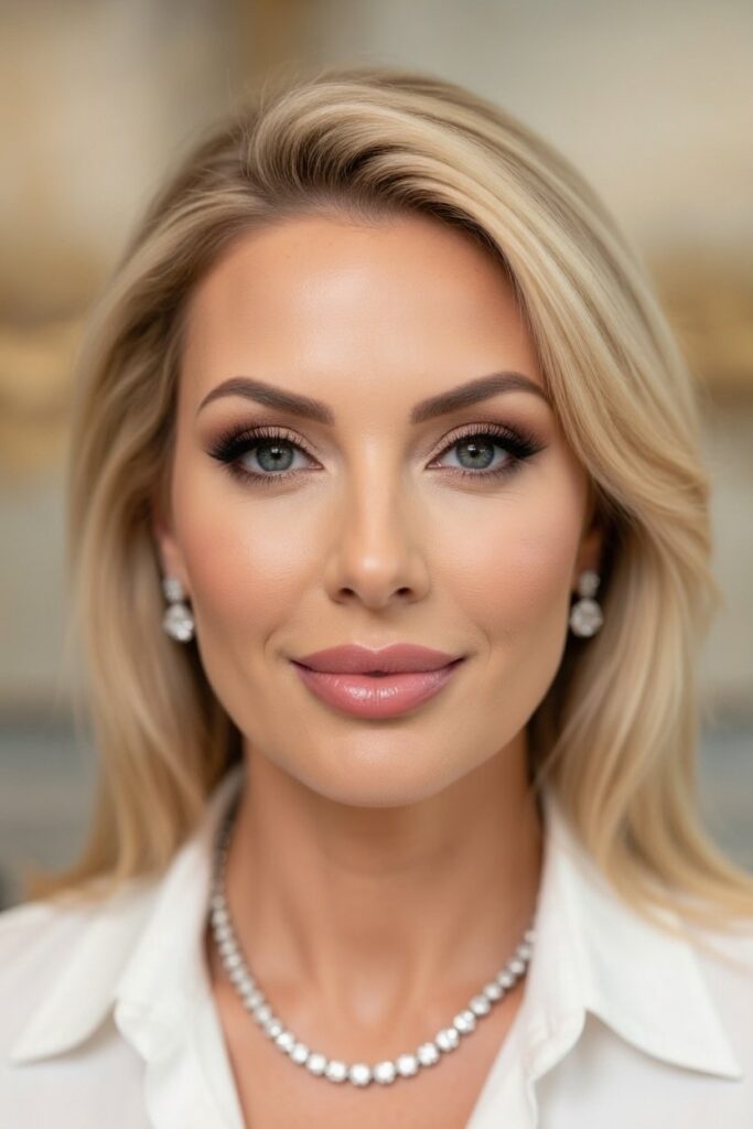 Gros plan sur le visage d'une belle et glamour vendeuse blonde caucasienne, son expression séduisante et captivante étant rehaussée par son collier de perles